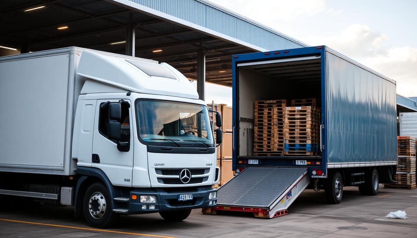 Delivery lorry being loaded with pallets