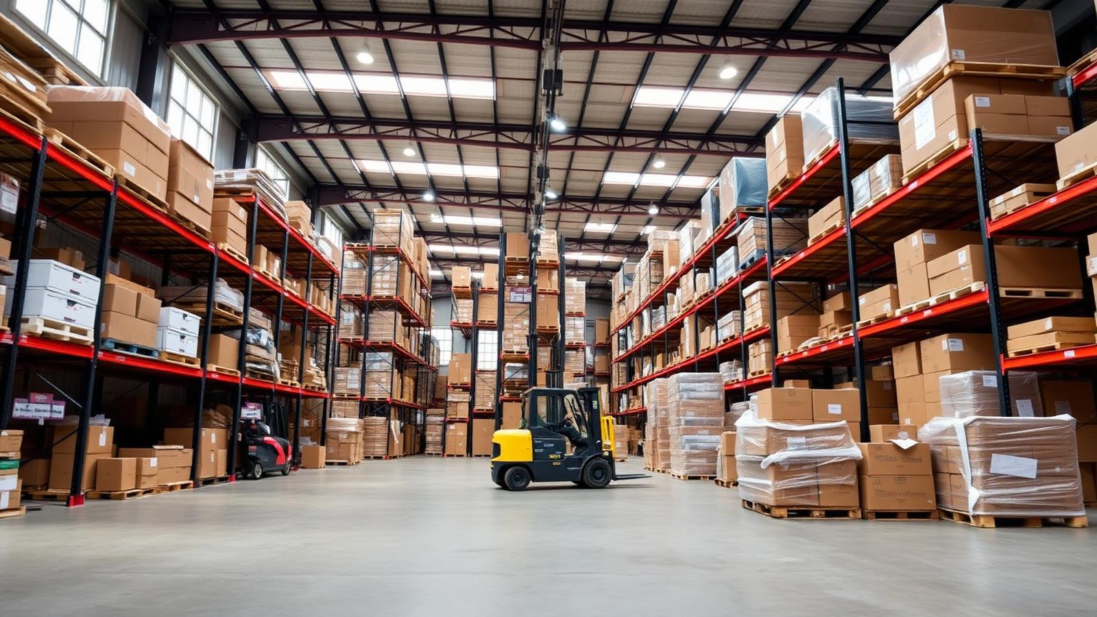 Wholesale warehouse stacked with pallets of stock